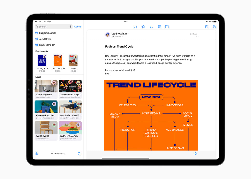 Improved search function on Mail in iPadOS 16 on the new 12.9-inch iPad Pro.