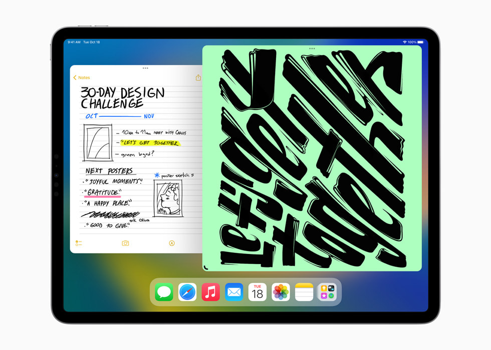 Yeni 12.9 inç iPad Pro’da iPadOS 16’daki Sahne Yöneticisi’nin kullanıldığı Notlar ve Fotoğraflar uygulamaları gösteriliyor.