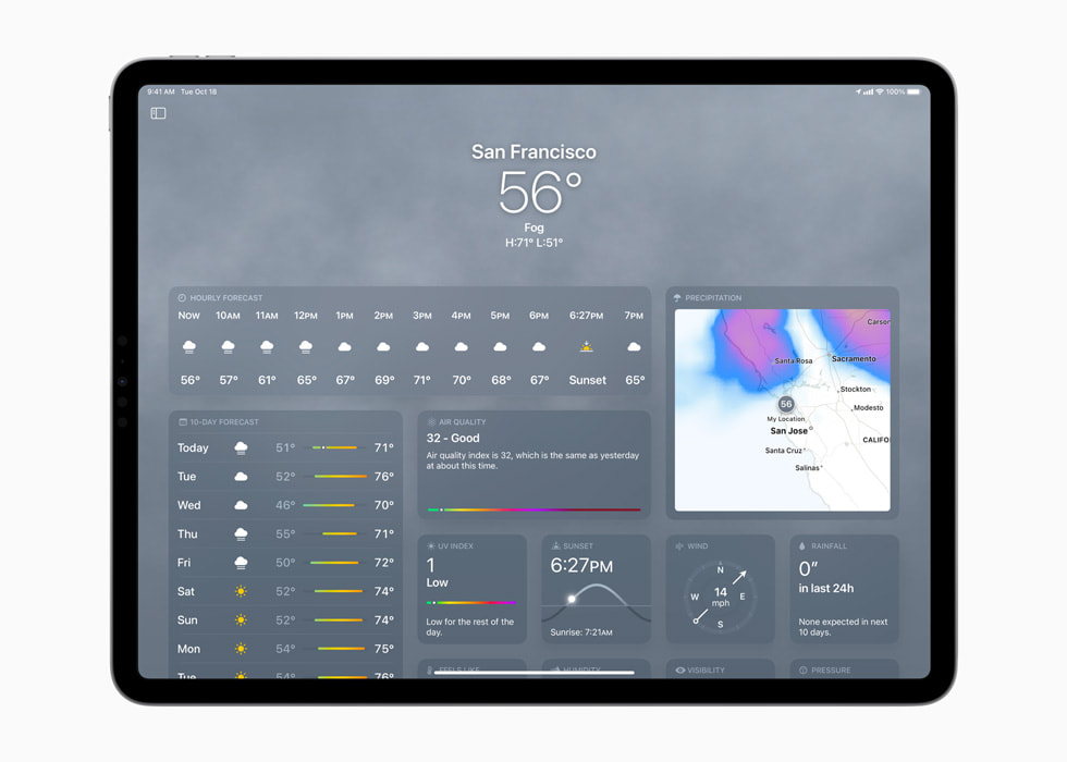 Yeni 12.9 inç iPad Pro’da iPadOS 16’daki Hava Durumu uygulaması gösteriliyor.