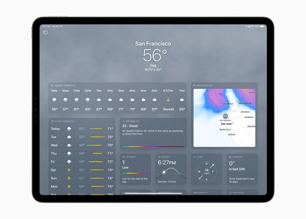 Weather app in iPadOS 16 on the new 12.9-inch iPad Pro.