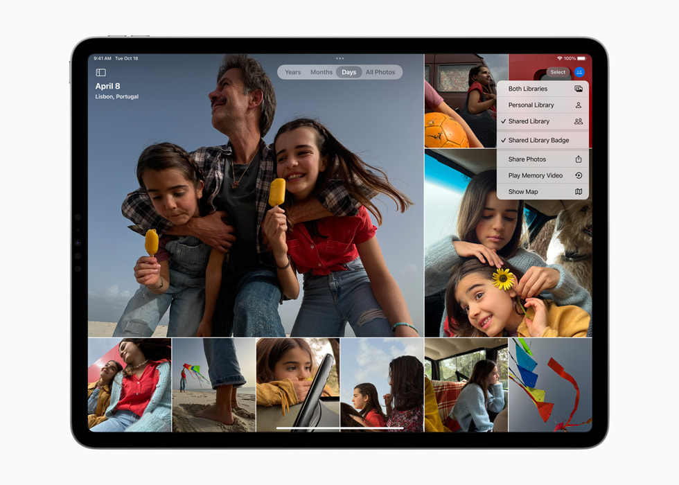 在全新 12.9 吋 iPad Pro 上展示 iPadOS 16 中「iCloud 共享圖庫」的家庭相片。