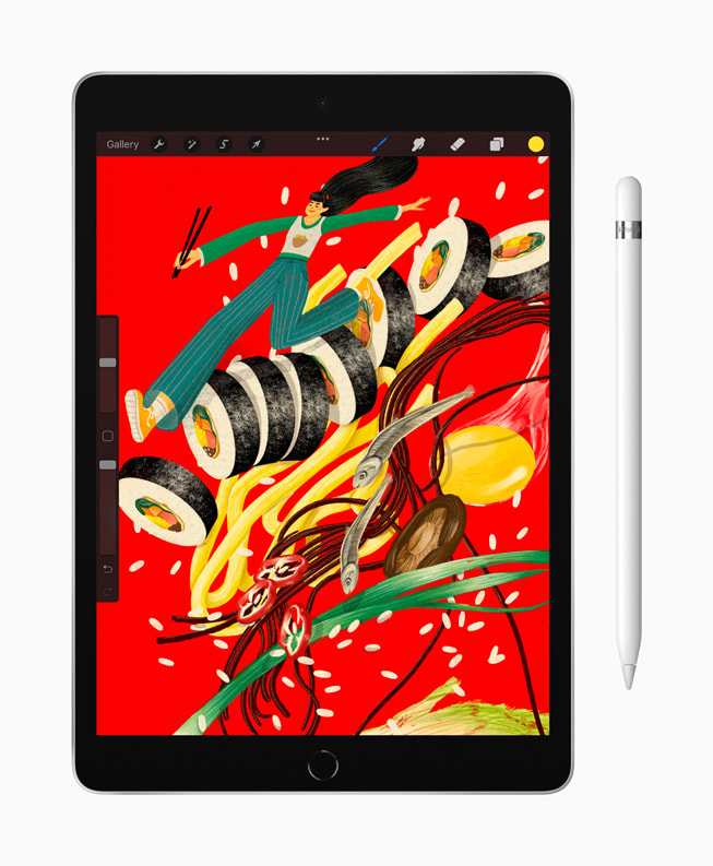 新しいiPadに表示されたイラストとApple Pencil 