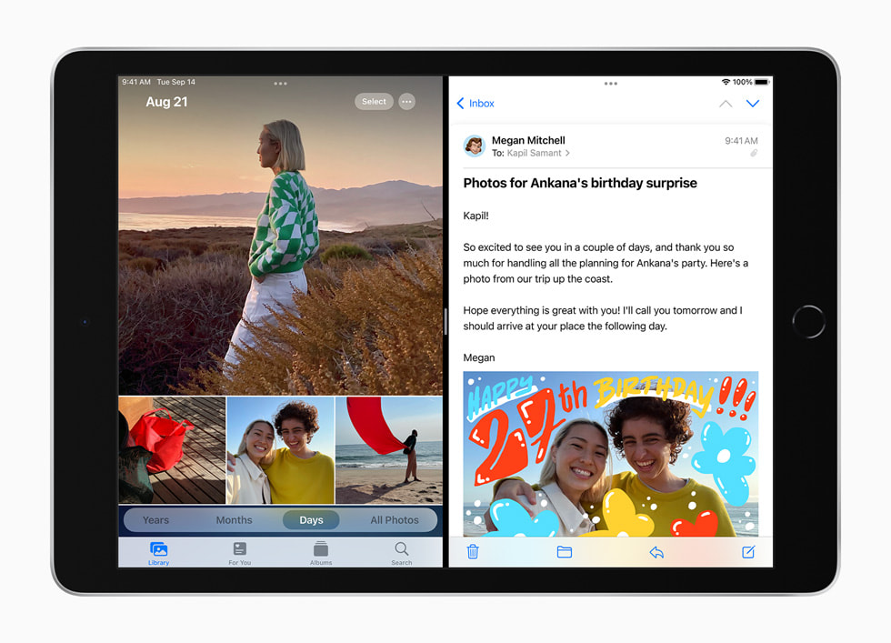 Split View로 메모와 Mail 앱을 보여주는 새로운 iPad.