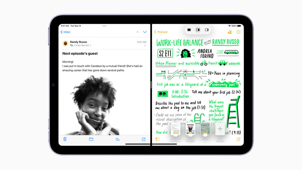 在全新 iPad mini 上展示「分割顯示」功能。