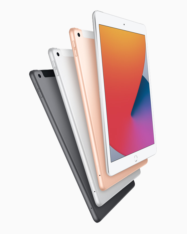 Four eighth-generation iPad in space gray, silver, and gold.