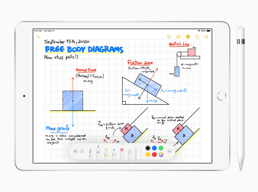 iPad  (eighth-generation) with Apple Pencil showing Notes app.
