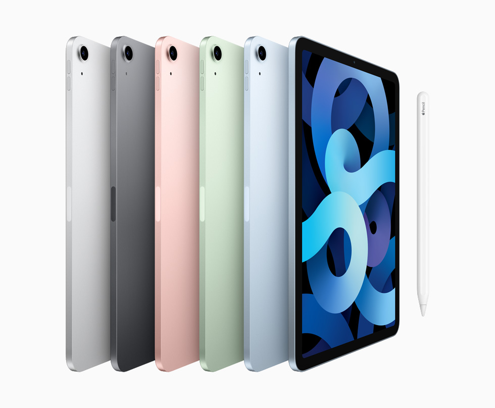 iPad Air models in silver, space gray, rose gold, green, and sky blue.