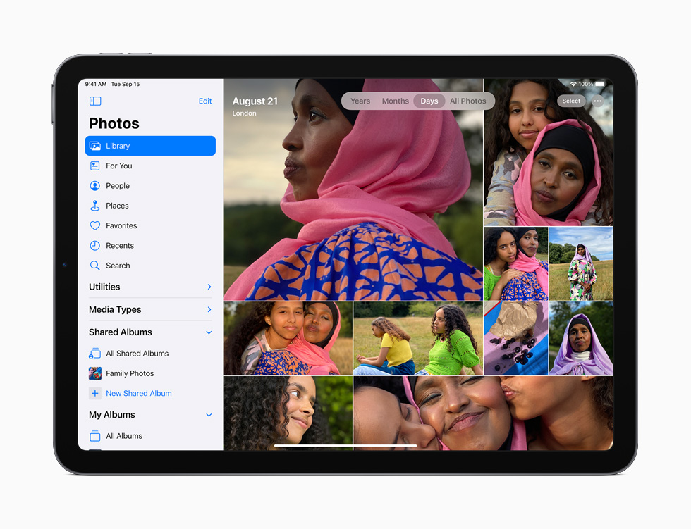 แถบด้านข้างใหม่สำหรับแอพรูปภาพซึ่งแสดงบน iPad Air