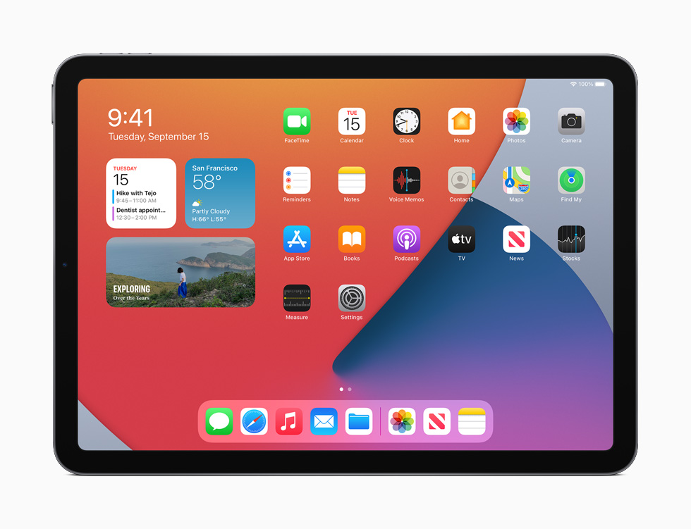 A Home Screen page displays redesigned widgets on iPad Air.