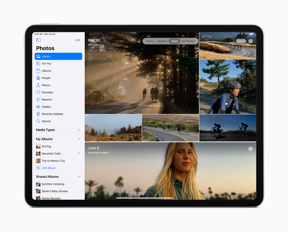 แถบด้านข้างของแอพรูปภาพบนหน้าจอ iPad Pro