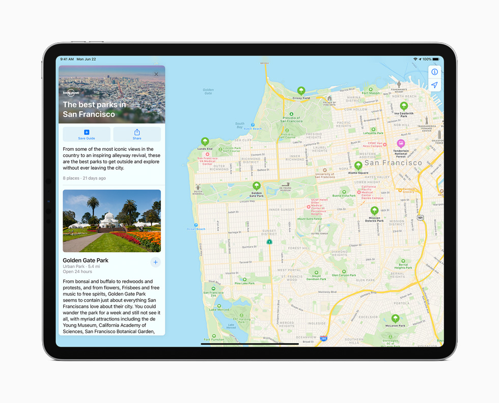 The new Guides feature in Maps displayed on iPad Pro.