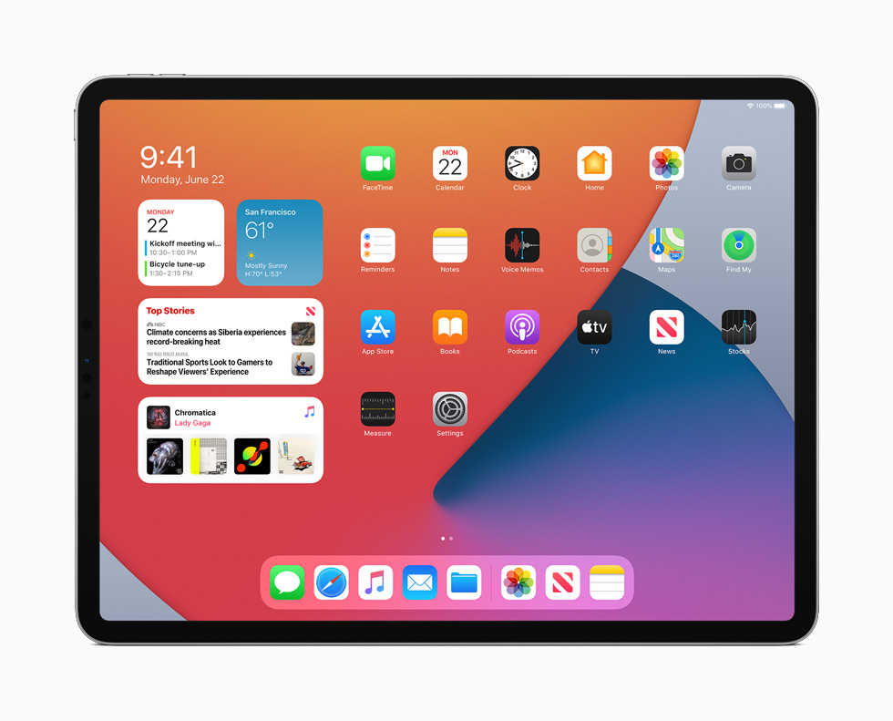 Nya hemskärmen på iPadOS 14 visas på iPad Pro.