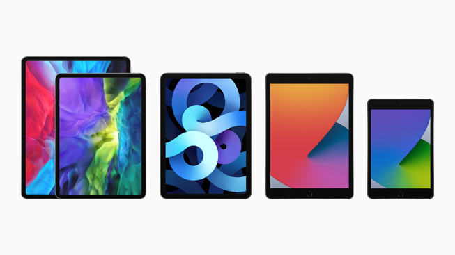 Linha do iPad com iPad Pro, iPad de 8ª geração, iPad mini e iPad Air.