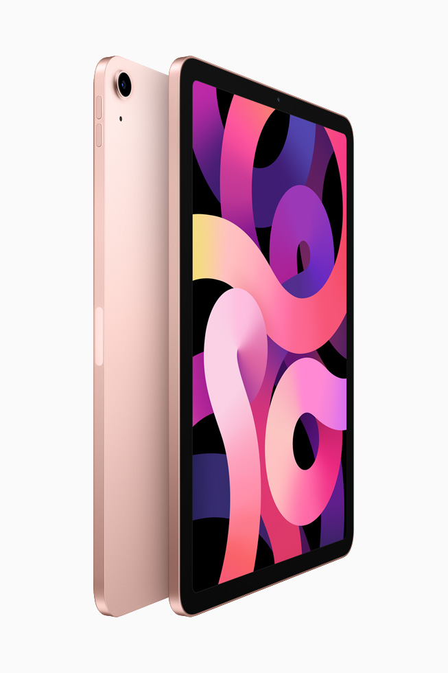 Duas unidades do iPad Air em ouro rosa, com as partes traseiras encostando uma na outra.
