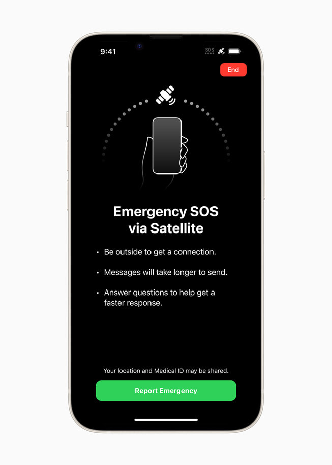 En iPhone-skärm med texten Nödanrop SOS via satellit uppmanar användaren att gå utomhus för att få kontakt, varnar för att meddelanden kan ta längre tid att skicka och uppmanar användaren att svara på några frågor för att snabbare få hjälp.