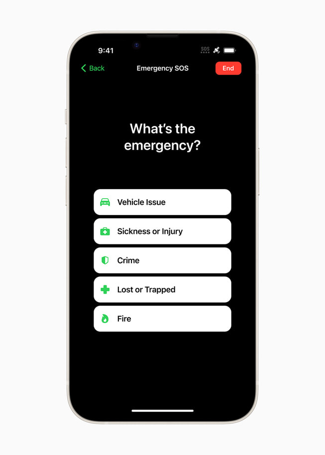 La pantalla de Emergencia SOS en un iPhone muestra el texto “¿Cuál es la emergencia?” y permite al usuario elegir entre las opciones “problema con vehículo”, “enfermedad o lesión”, “delito”, “persona perdida o atrapada” e “incendio”.
