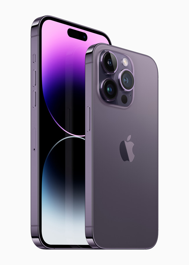 暗紫色 iPhone 14 Pro 及 iPhone 14 Pro Max 的展示圖。