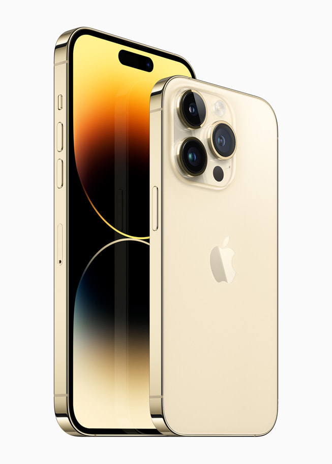 金色 iPhone 14 Pro 及 iPhone 14 Pro Max 的展示圖。