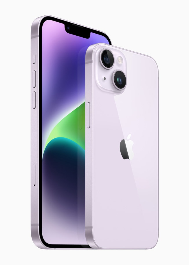Imagen del iPhone 14 y el iPhone 14 Plus en color púrpura.