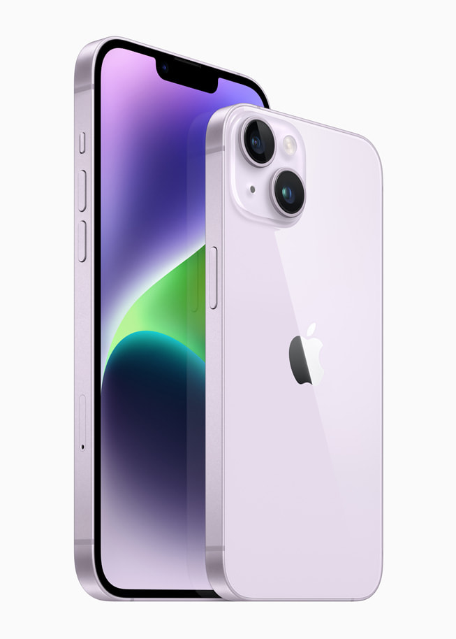 L’iPhone 14 et l’iPhone 14 Plus dans la finition mauve.