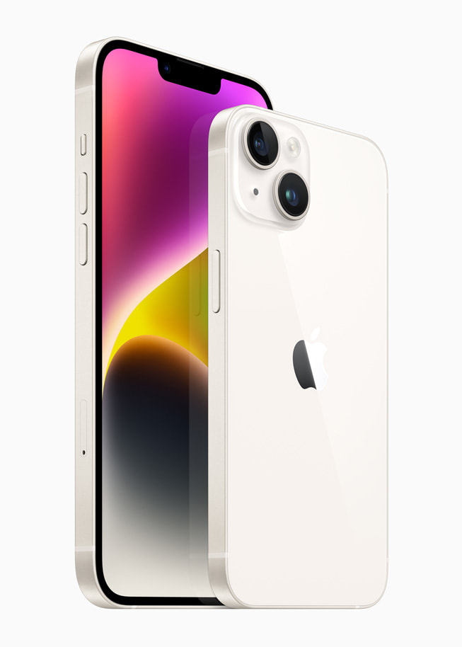 Imagen del iPhone 14 y el iPhone 14 Plus en color blanco estrella.