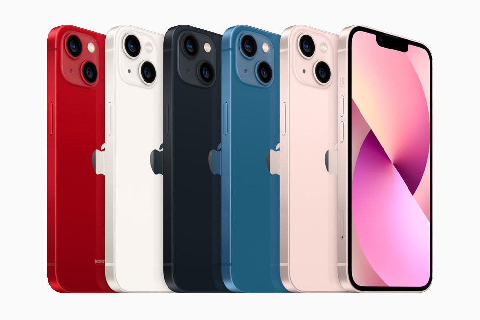 Gama de iPhone 13 en (PRODUCT)RED, blanco estrella, medianoche, azul y rosa.