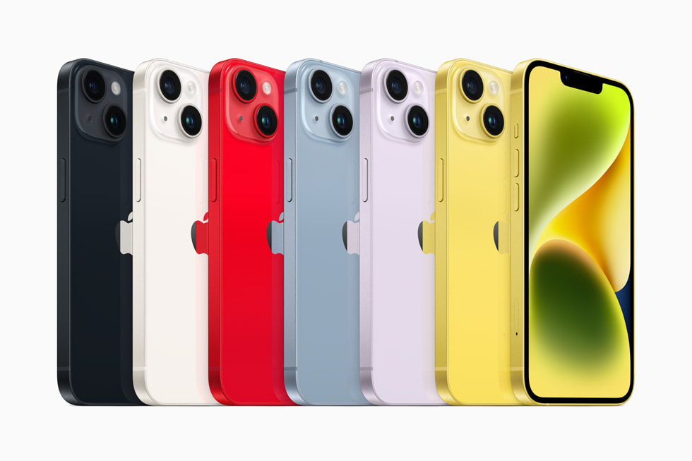 Se muestra la línea del iPhone 14 en toda su gama de colores.