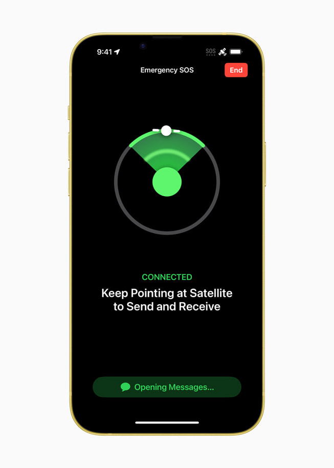 위성을 통한 긴급 구조 요청 서비스가 위성에 연결하려면 iPhone이 어느 방향으로 향해야 하는지 안내해주는 이미지.