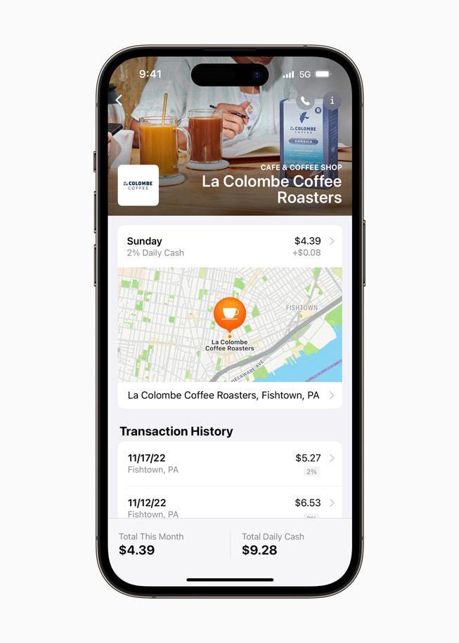 A person’s transaction history at La Colombe is shown in Wallet.