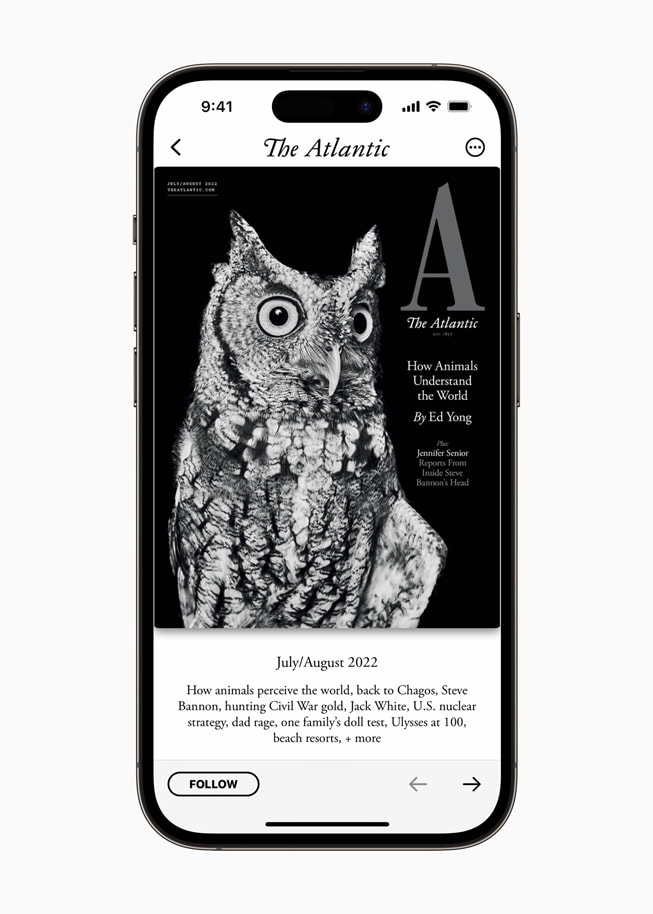 The Atlantic’s July/August 2022 issue is shown in Apple News. The lead article by Ed Yong, featuring a black-and-white photo of an owl, is titled “How Animals Perceive the World.” 