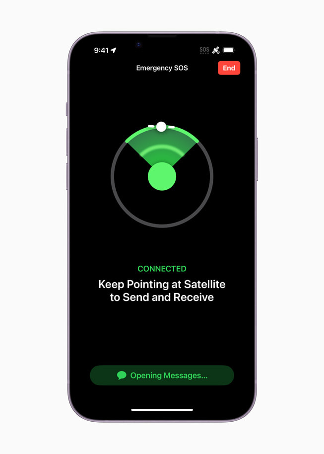Un écran d’iPhone affichant l’interface intuitive du service SOS d’urgence par satellite.