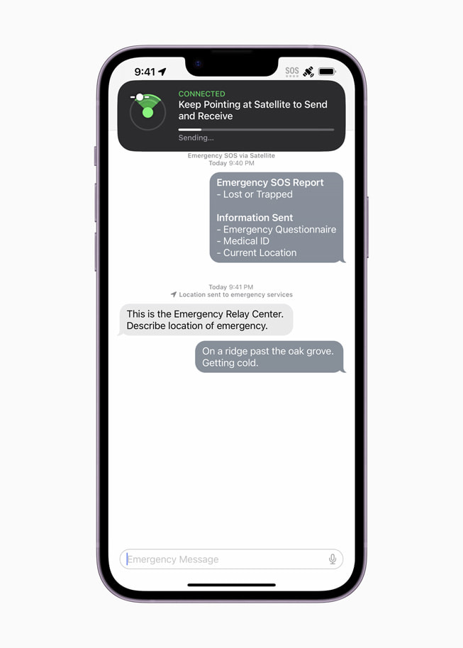 A screen in Emergency SOS shows a user's chat with an emergency relay center.