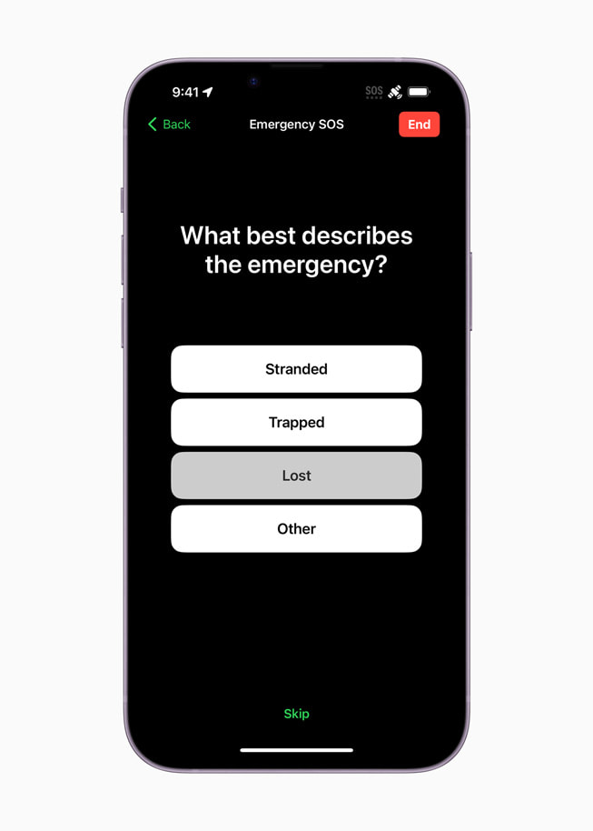An iPhone screen asks the user “What best describes the emergency?”