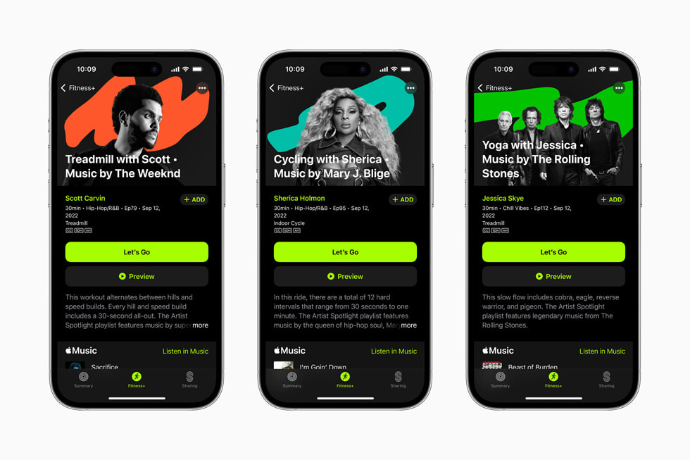 Apple Fitness+ Artist Spotlight series with new workouts featuring the music of The Weeknd, Mary J. Blige, and The Rolling Stones on iPhone 14 Pro.