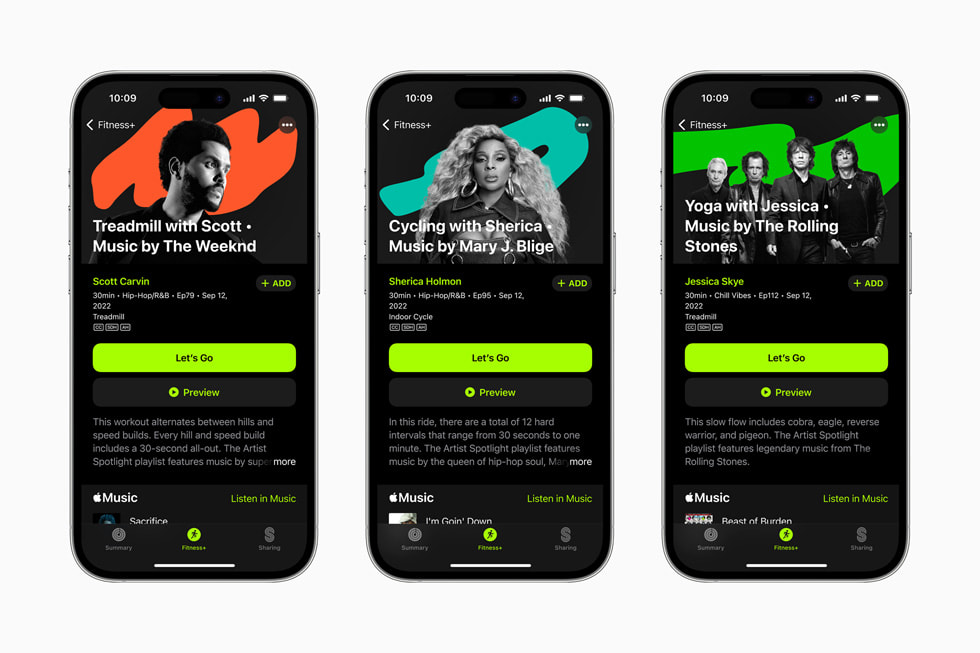 La serie Artista en Detalle de Apple Fitness+ con nuevos entrenamientos que presentan la música de Mary J. Blige, The Rolling Stones y The Weeknd en el iPhone 14 Pro.