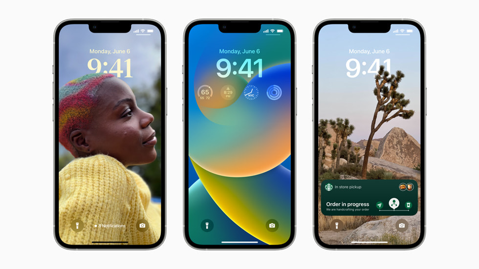 Cinco pantallas de iPhone muestran iOS 16 y sus nuevas funcionalidades.