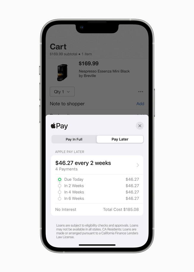 หน้าจอ iPhone ที่แสดง Apple Pay Later ซึ่งเป็นตัวเลือกการชำระเงินแบบใหม่