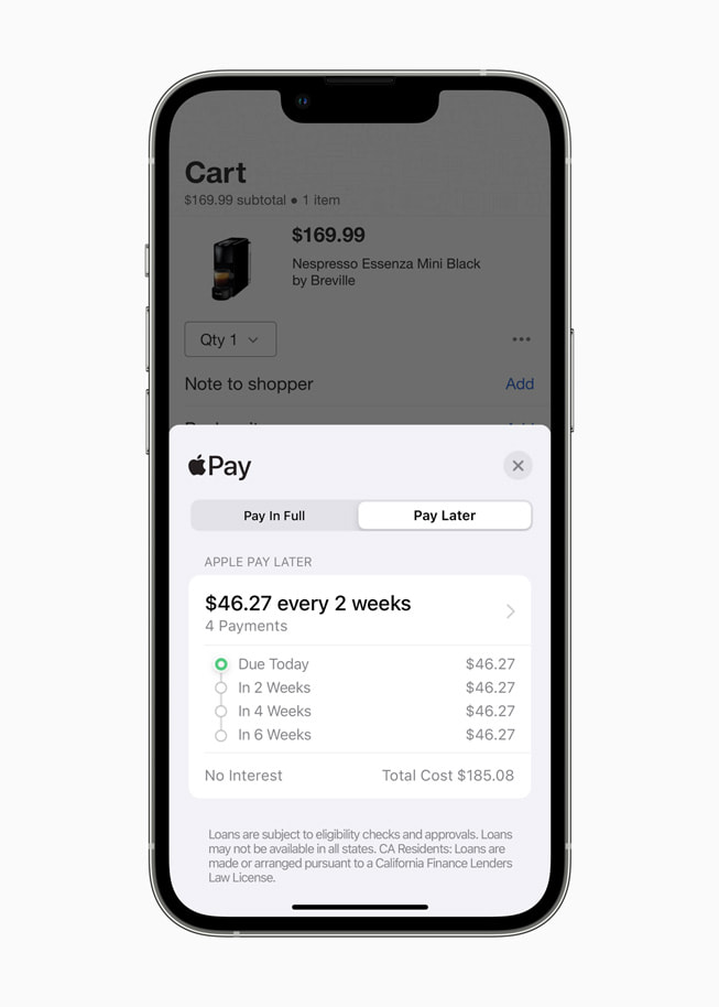 An iPhone screen shows the new Apple Pay Later option for a purchase.