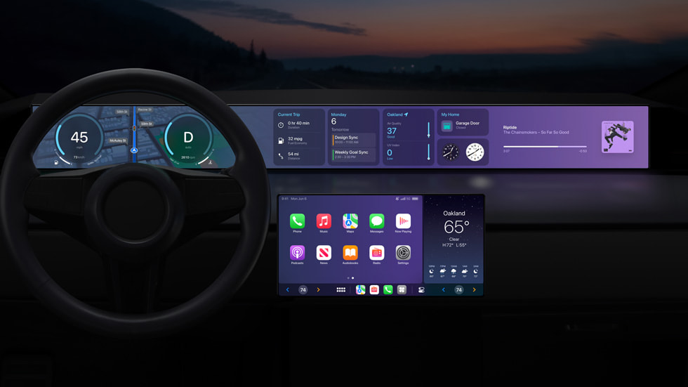 A car’s dashboard shows the expanded CarPlay experience with multiple screens.