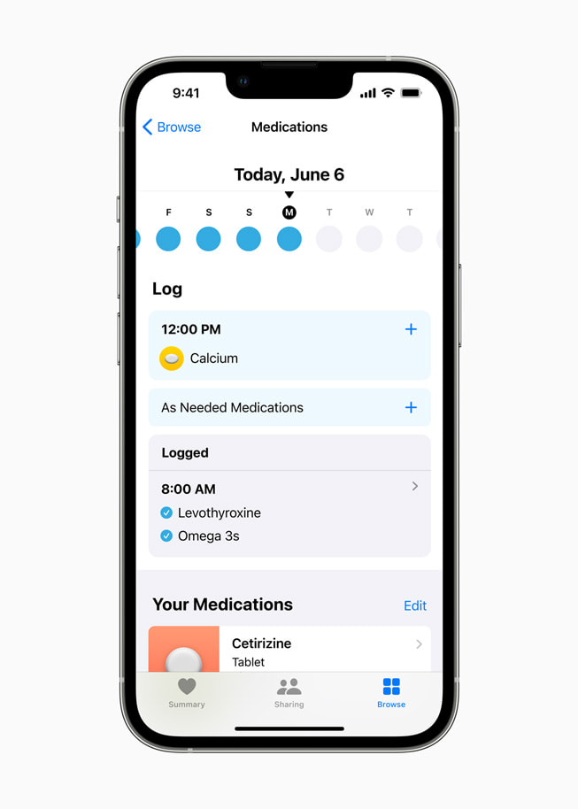 Medications is shown in the Health app.