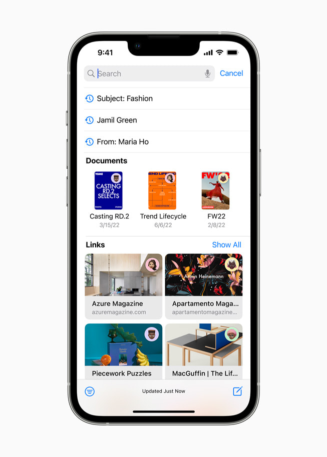 Bir iPhone ekranında iOS 16’daki Mail uygulamasının yeni arama araçları gösteriliyor.