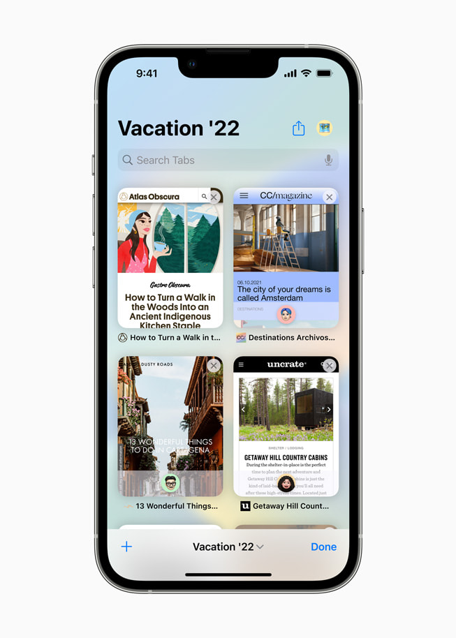 Los grupos de pestañas compartidos de un usuario muestran un conjunto de páginas que un grupo de personas está usando para planificar sus próximas vacaciones.