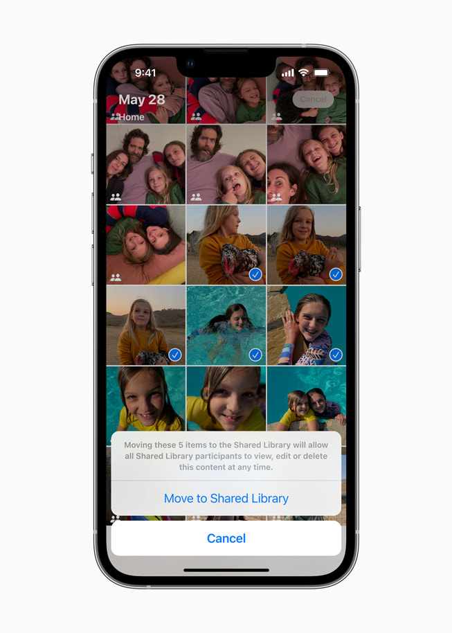A user’s iCloud Shared Photo Library main menu is shown in iOS 16.