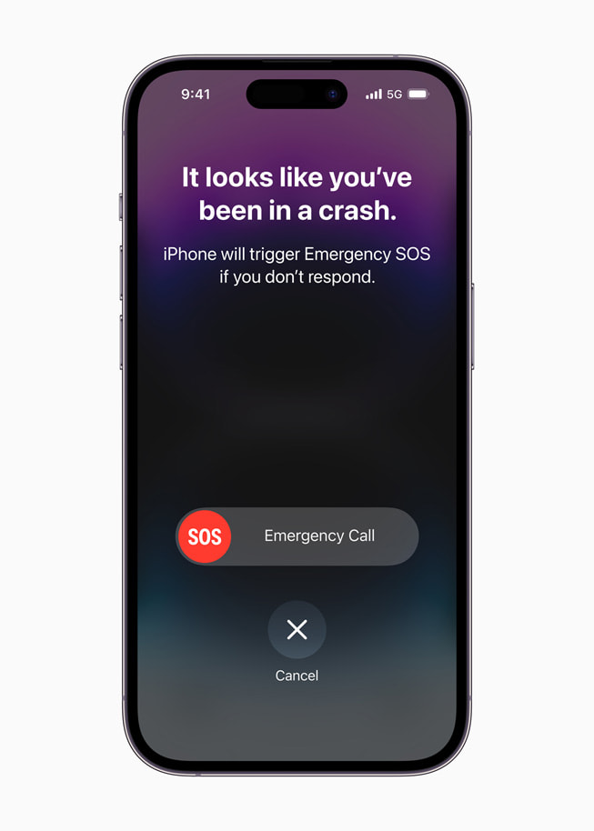 L’interface d’appel des services d’urgence de la fonctionnalité Détection des accidents sur iPhone.