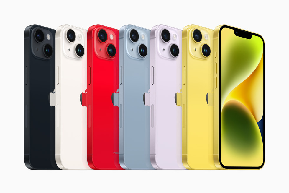 The iPhone 14 lineup is shown in the full range of colors.