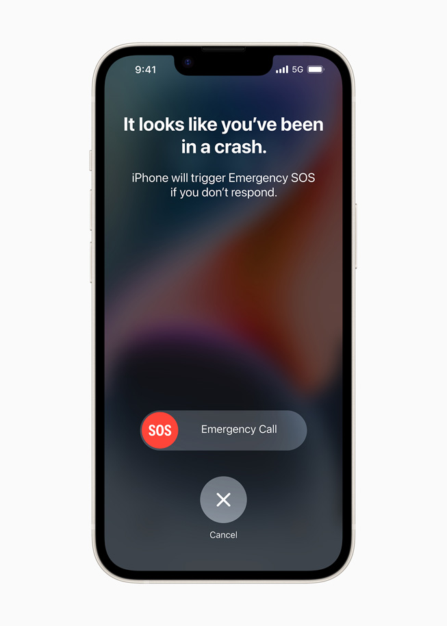 หน้าจอ iPhone แสดงว่า "ดูเหมือนว่าคุณอยู่ในรถที่ชนกัน" และแจ้งให้ผู้ใช้ทราบว่าอุปกรณ์จะเรียกใช้คุณสมบัติ SOS ฉุกเฉิน หากผู้ใช้ไม่ตอบสนอง