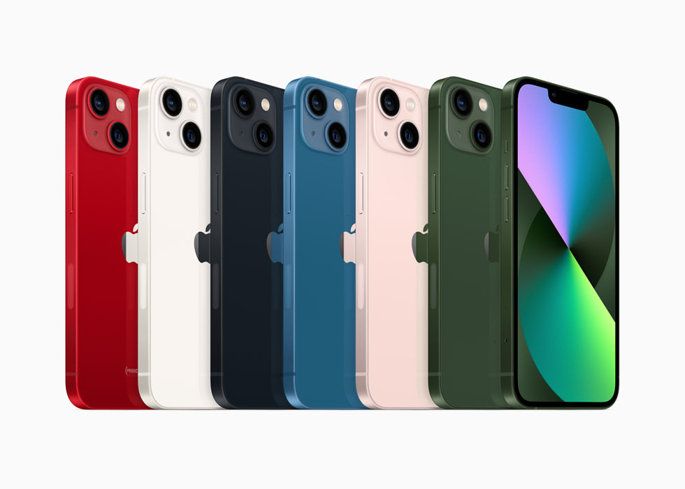 iPhone 13 in (PRODUCT)RED, starlight, midnight, blue, pink, and the all-new green.