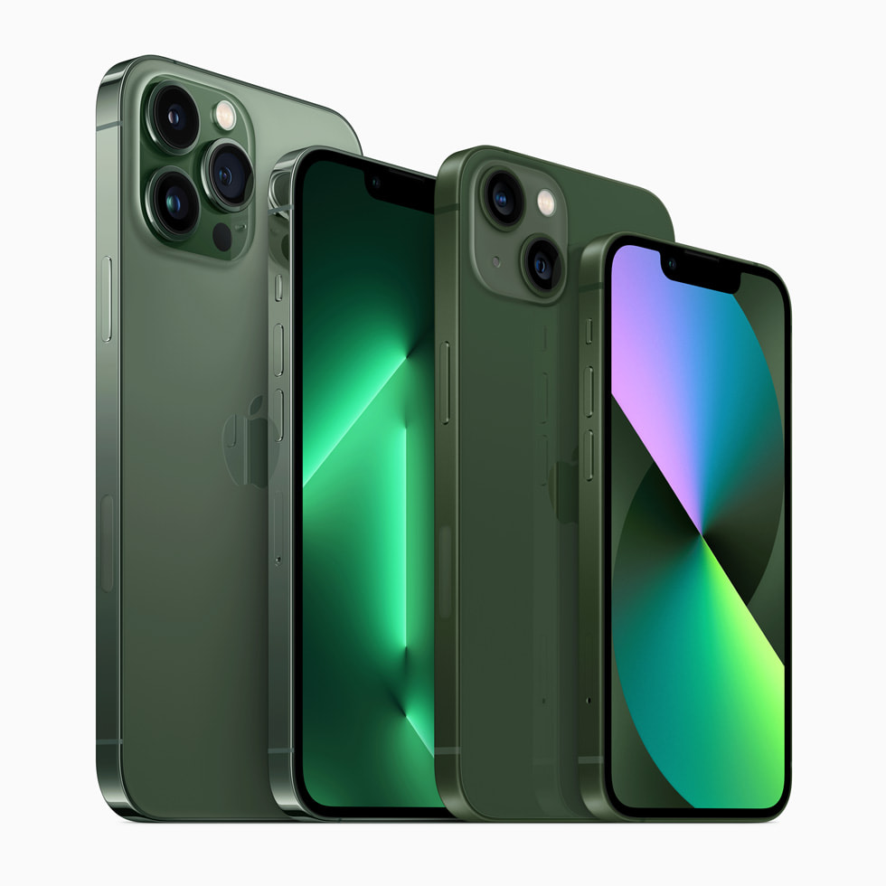 The new iPhone 13 Pro in alpine green and iPhone 13 in green.