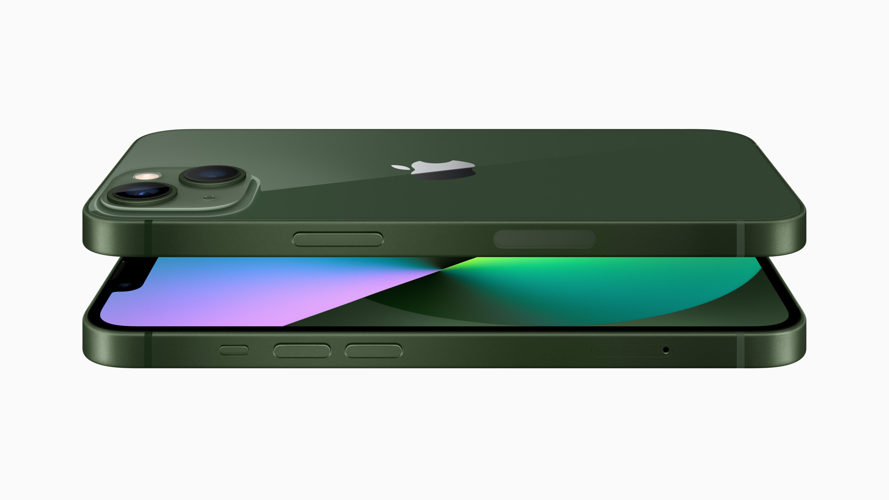Un cierre de la espalda de vidrio finamente mecanizado y el escudo de cerámica de la superficie delantera del nuevo iPhone 13 verde