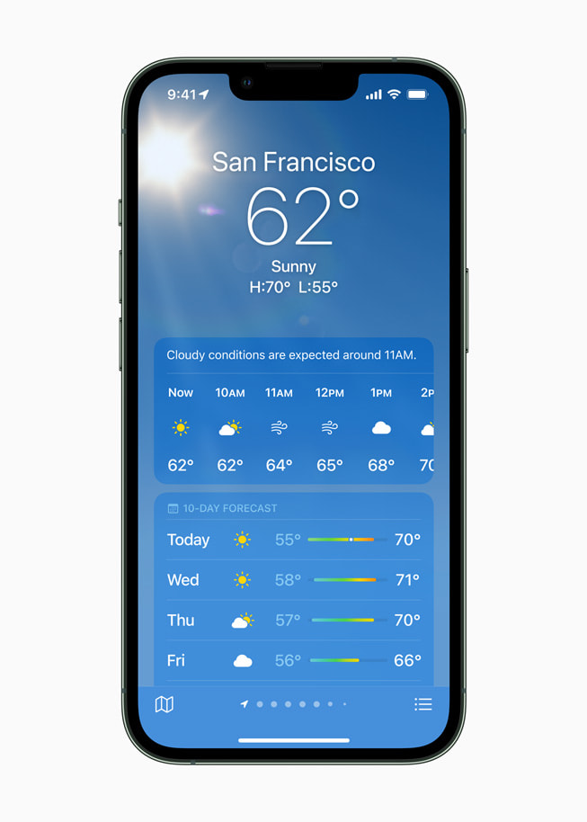 在 iPhone 13 Pro 上展示「天氣」app 的天氣預報。 